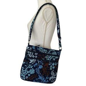 Vera Bradley Java Floral Crossbody Triple Zip Quilted Purse Blue Brown Crossbody